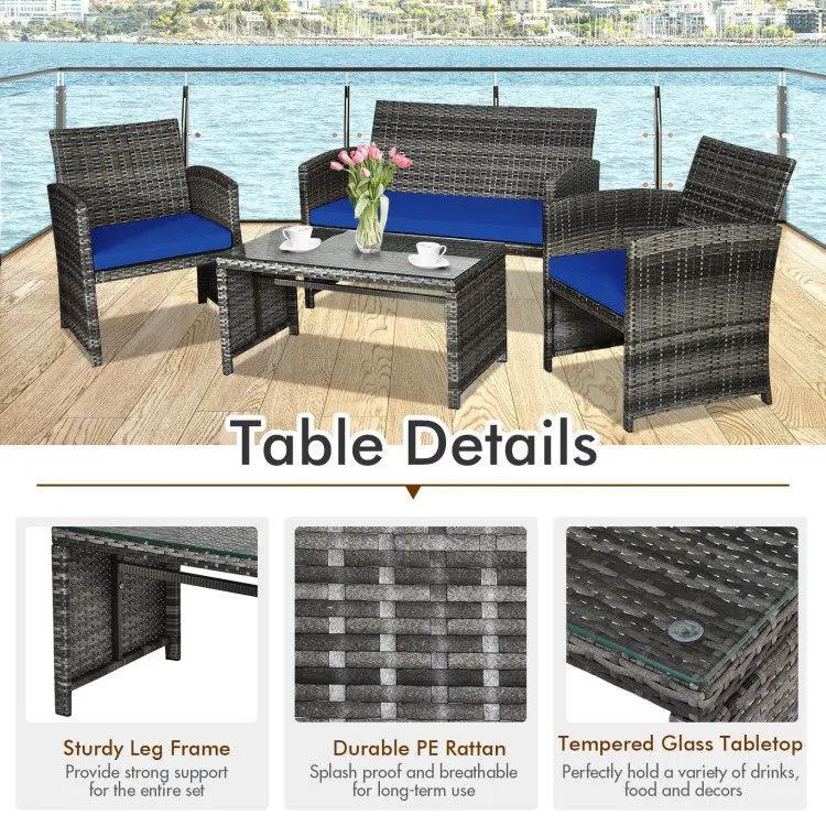 4 Pieces Patio Rattan Furniture Set with Glass Table and Loveseat - Home Goods Revolution