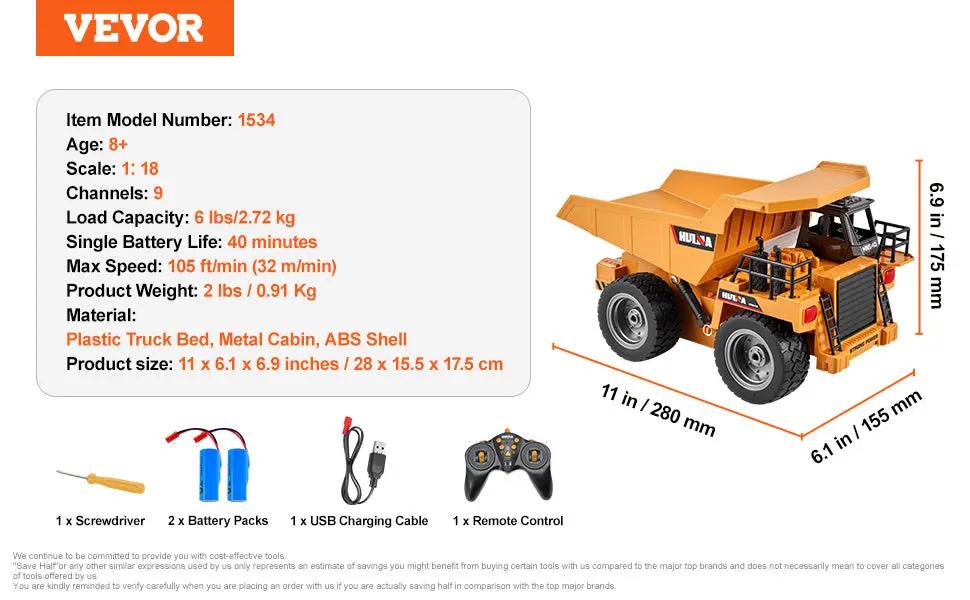 VEVOR 9-Channel 1:18 Scale RC Dump Truck – 4WD Remote Control Construction Vehicle with Lights, Sounds & Metal Bed Product vendor Home Goods Revolution