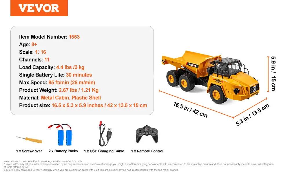 VEVOR 11-Channel 1:16 Scale RC Dump Truck – 4WD Remote Control Construction Vehicle with Lights, Sounds & Metal Bed Product vendor Home Goods Revolution