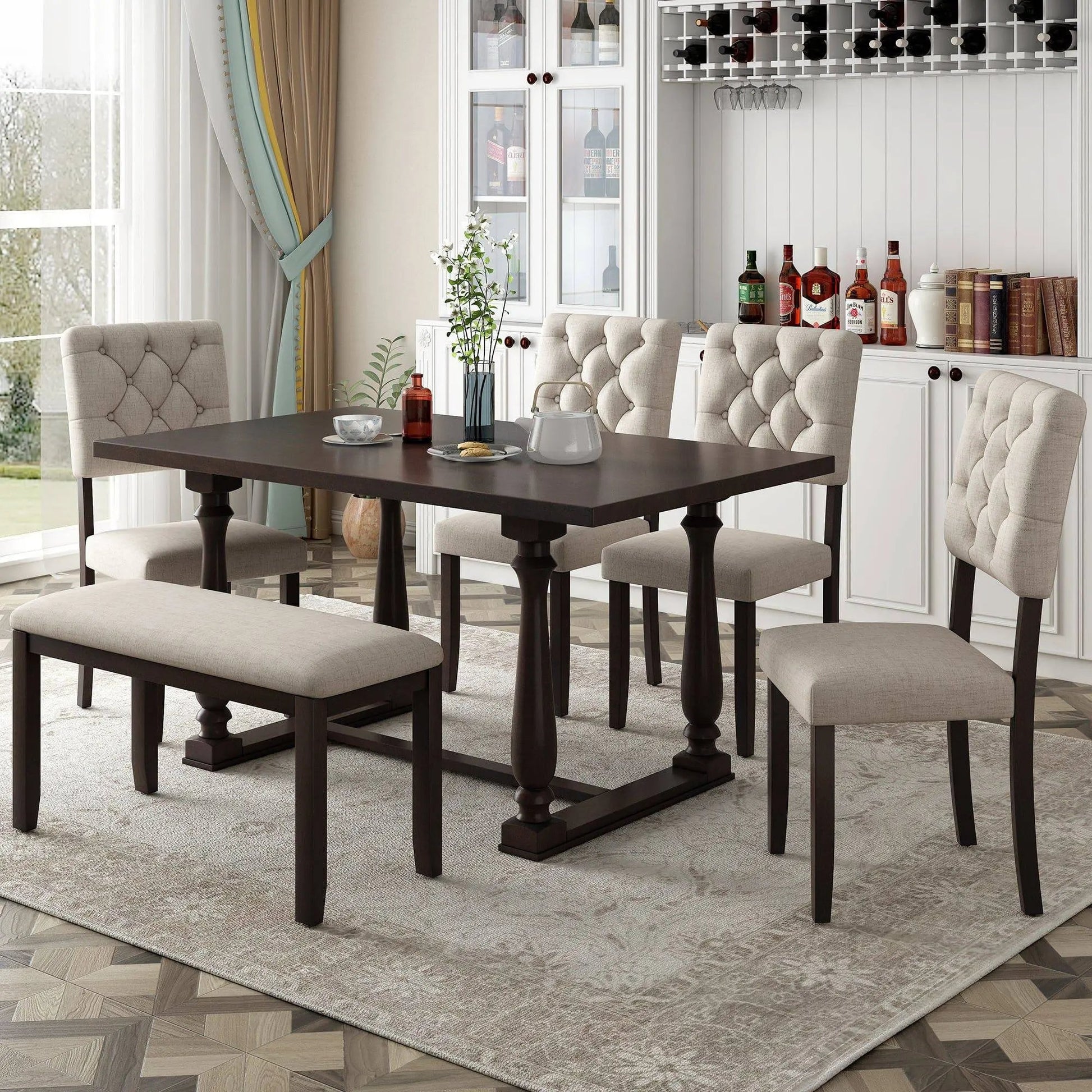Dining Table and Chair Set 6 pcs with Special-shaped Legs and Foam-covered Seat - Home Goods Revolution