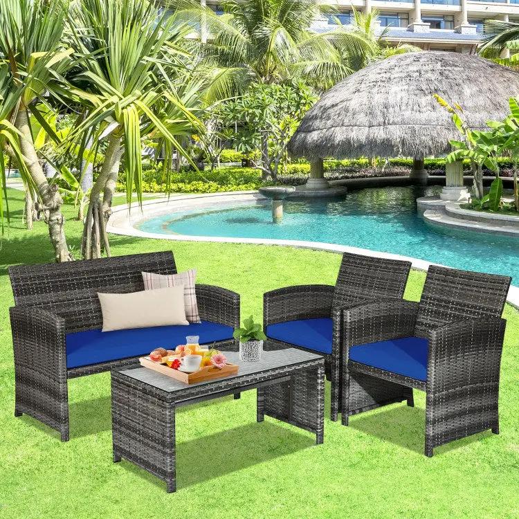 4 Pieces Patio Rattan Furniture Set with Glass Table and Loveseat - Home Goods Revolution