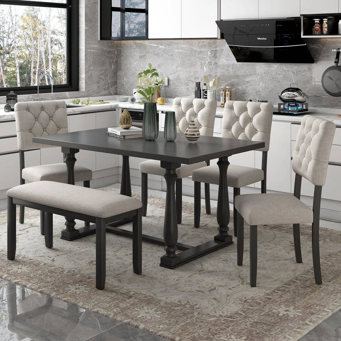 Dining Table and Chair Set 6 pcs with Special-shaped Legs and Foam-covered Seat - Home Goods Revolution