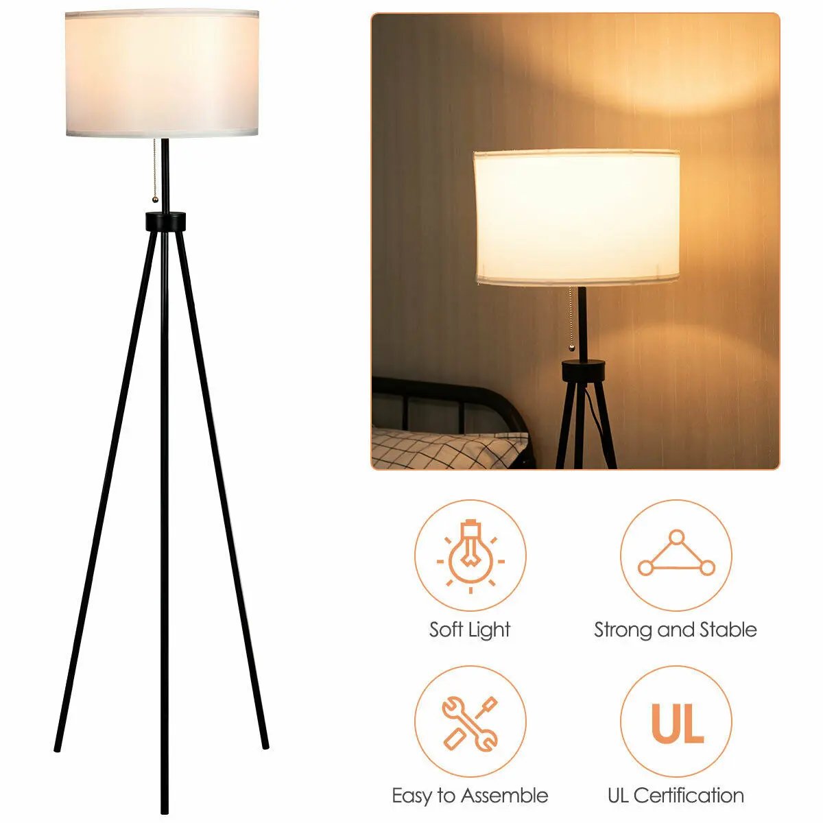 Modern Metal Tripod Floor Lamp with Chain Switch - Home Goods Revolution