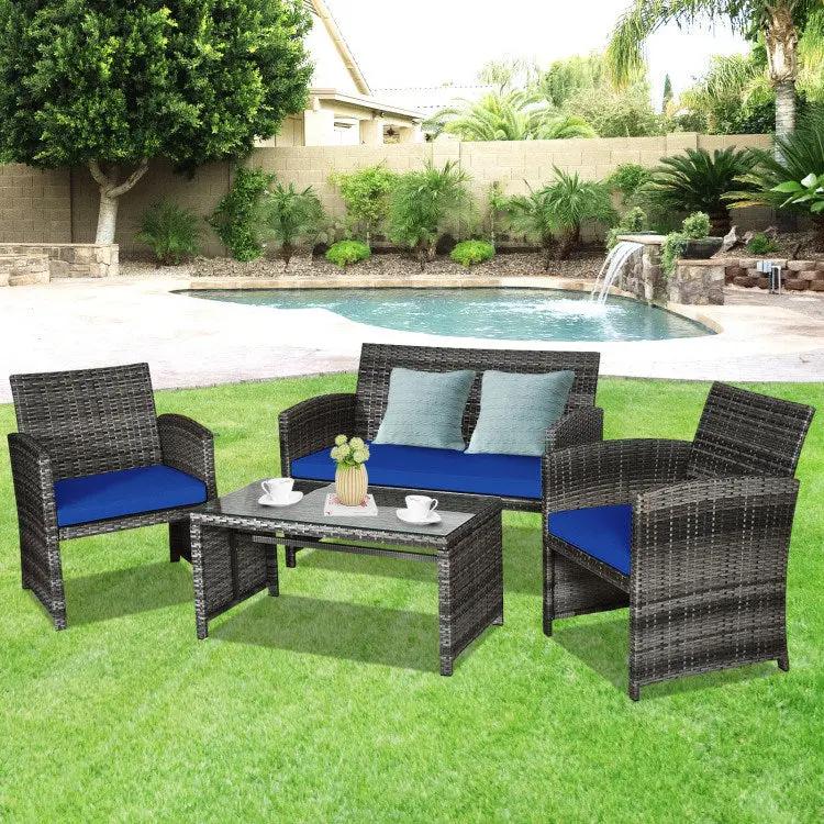 4 Pieces Patio Rattan Furniture Set with Glass Table and Loveseat - Home Goods Revolution