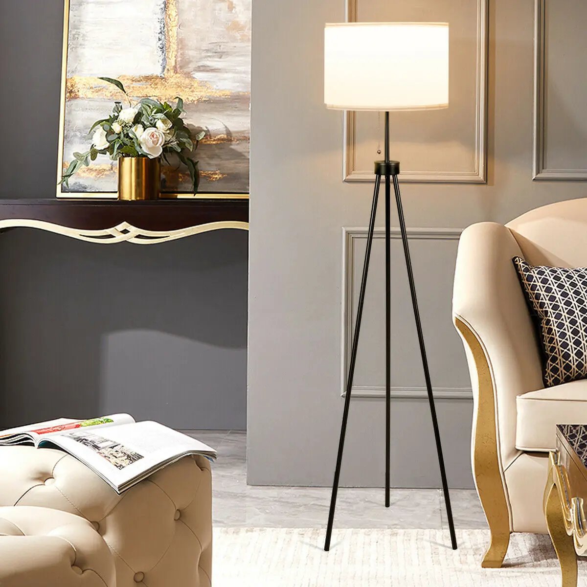 Modern Metal Tripod Floor Lamp with Chain Switch - Home Goods Revolution