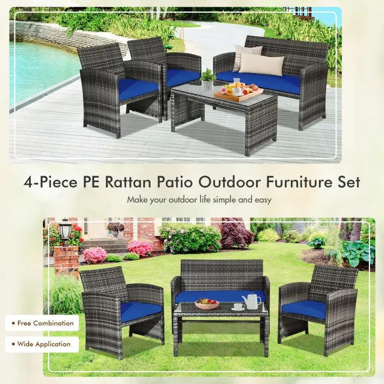 4 Pieces Patio Rattan Furniture Set with Glass Table and Loveseat - Home Goods Revolution
