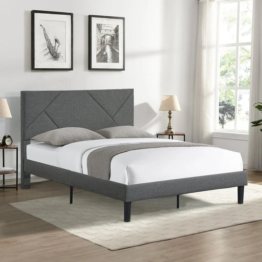 Queen Size Upholstered Platform Bed Frame with Headboard Gray - Home Goods Revolution