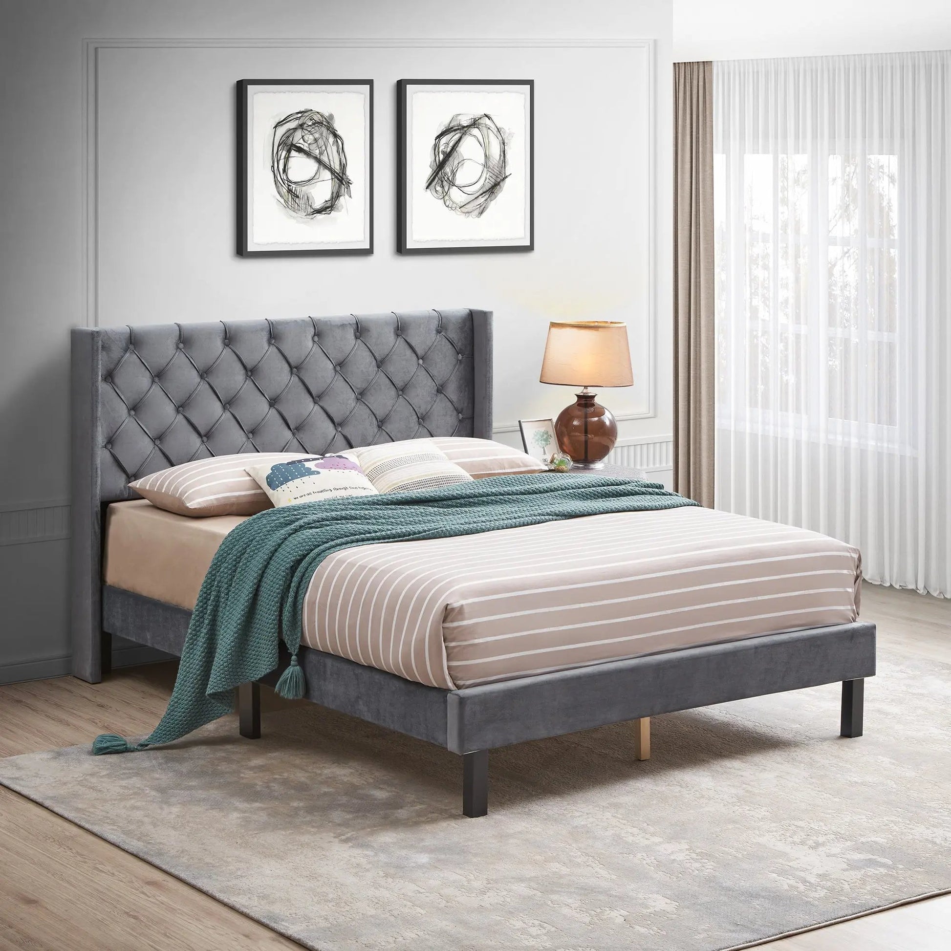 Upholstered Bed with Wings Design Dark Gray Velvet Queen - Home Goods Revolution