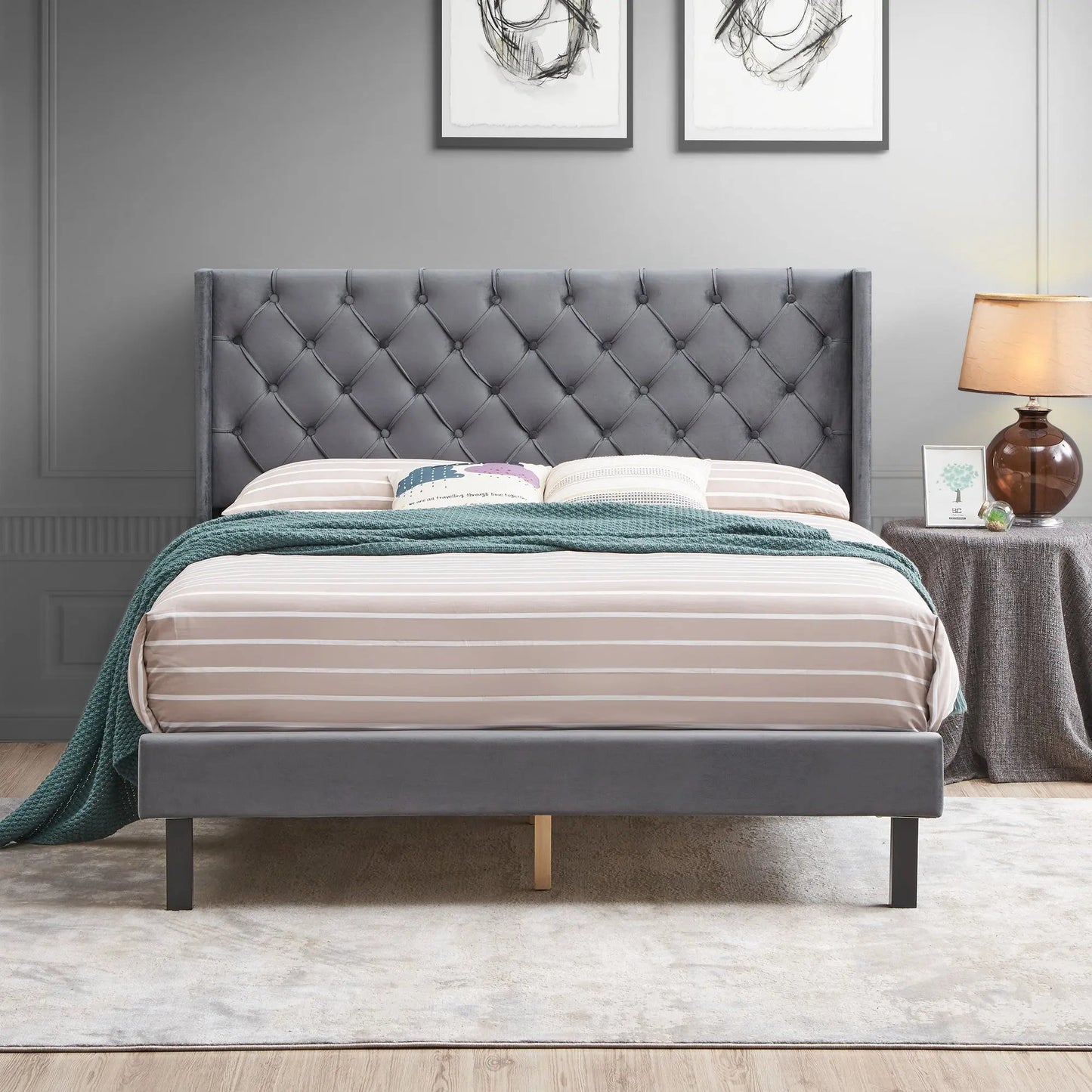 Upholstered Bed with Wings Design Dark Gray Velvet Queen - Home Goods Revolution
