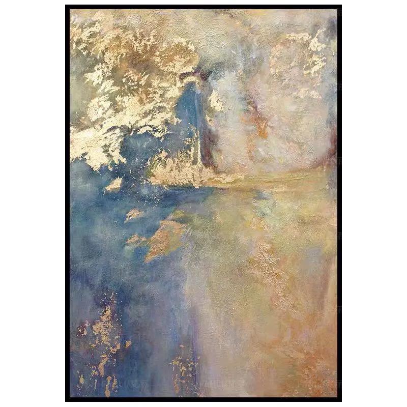 Hand Painted Abstract Gold Foil Dark Blue Oil Painting - Home Goods Revolution