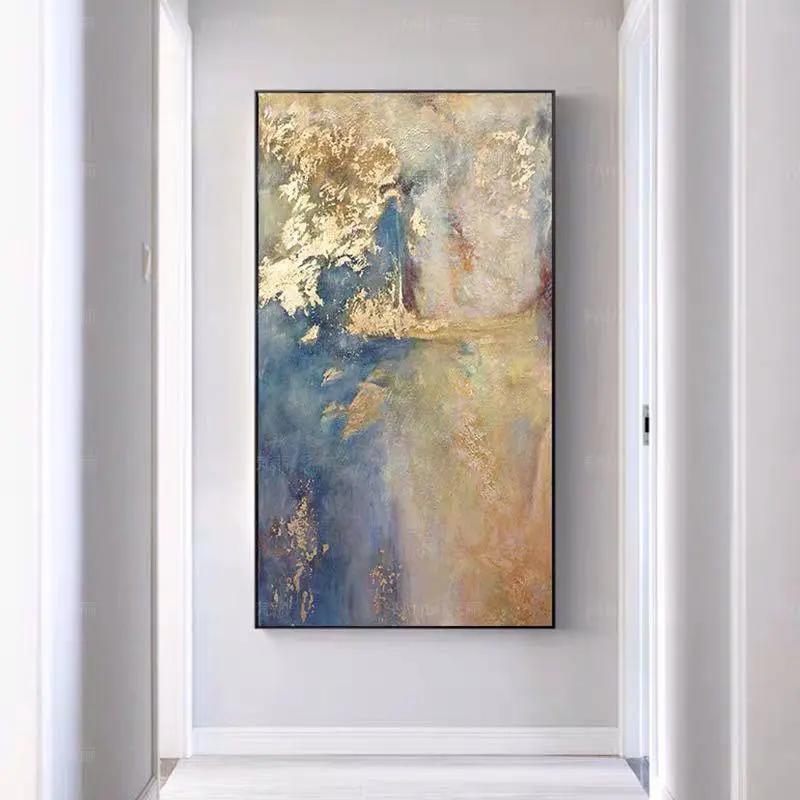 Hand Painted Abstract Gold Foil Dark Blue Oil Painting - Home Goods Revolution